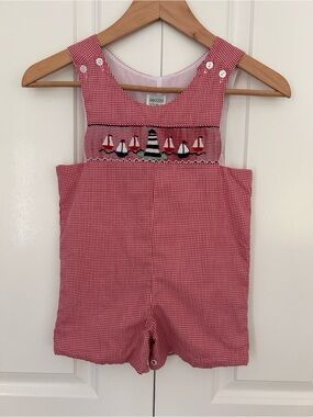 Zuccini smocked jon jon romper red gingham embroidered sailboats & lighthouse 3T